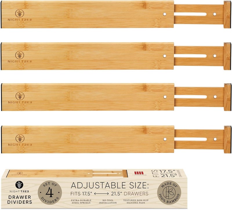 Night Tree Expandable Bamboo Drawer Dividers – drawer separators for Clothes, Kitchen Utensils, Bathroom, and Dresser Drawers (17.5" to 21.5") - Image 1